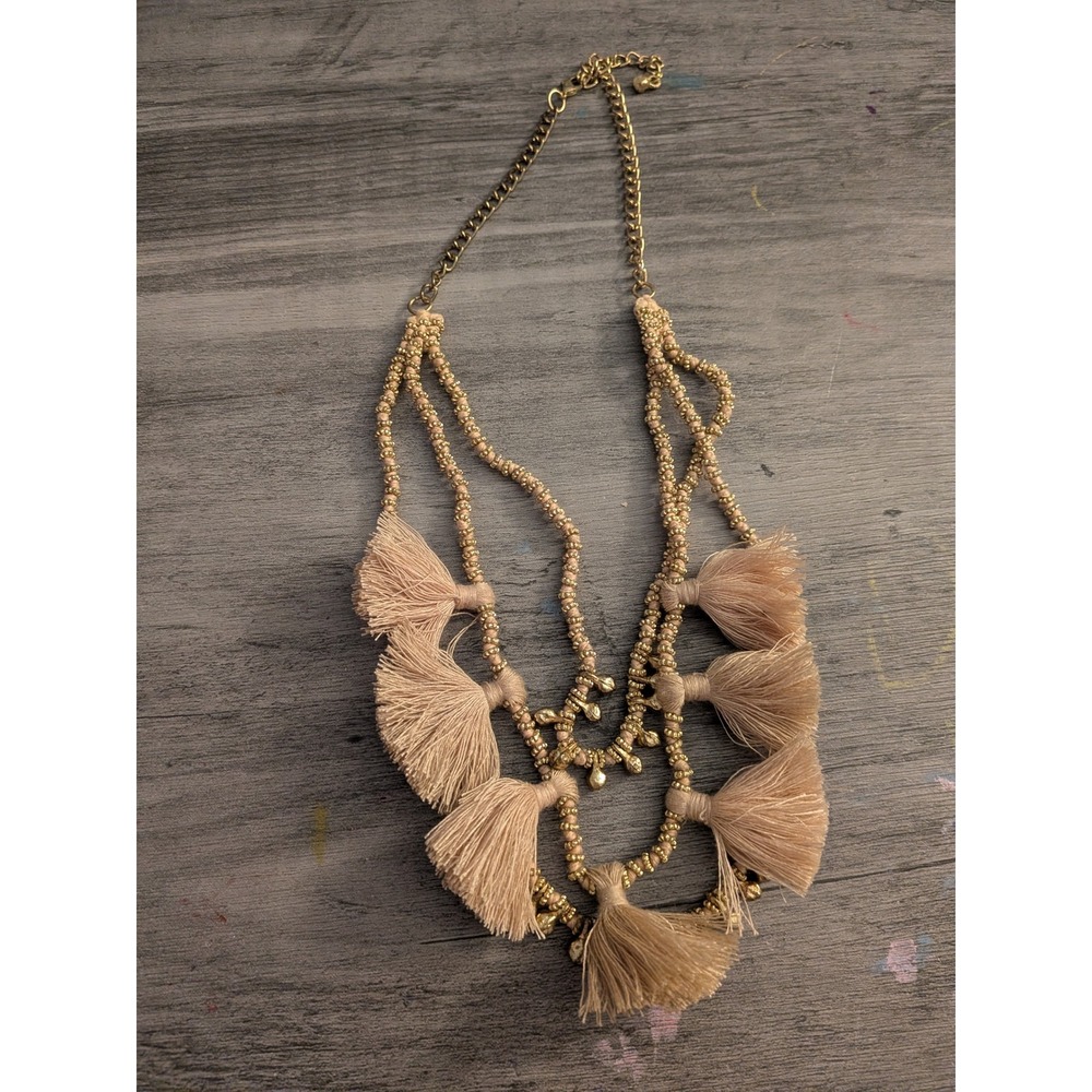 Boho Gold Tone Beaded Multi Strand Tassel Statement Necklace Tan‎ Beige Fringe